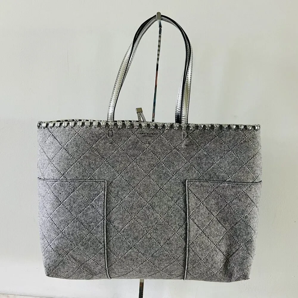 TORY BURCH Block T Light Gray Silver Felt Fabric Large Tote Bag
